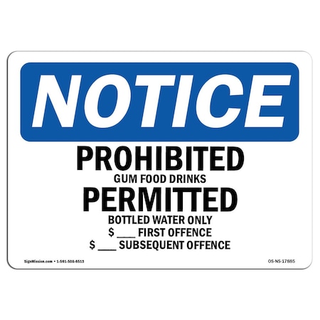 OSHA Notice Sign, 12" Height, Aluminum, Prohibited Gum Food Drinks Permitted Bottled Sign, Landscape